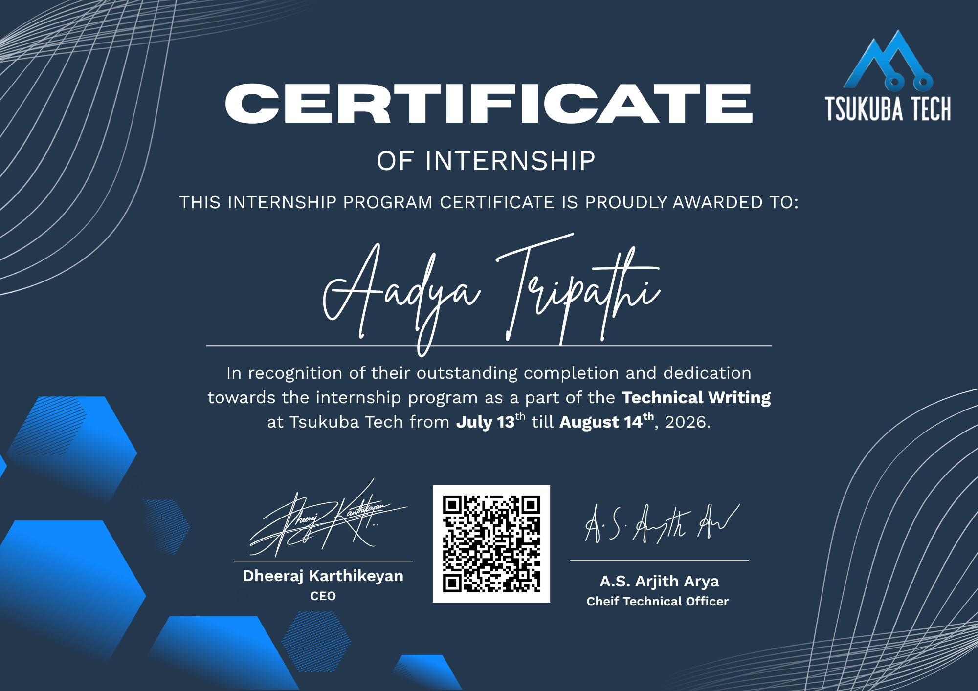 Certificate awarded to Aadya Tripathi