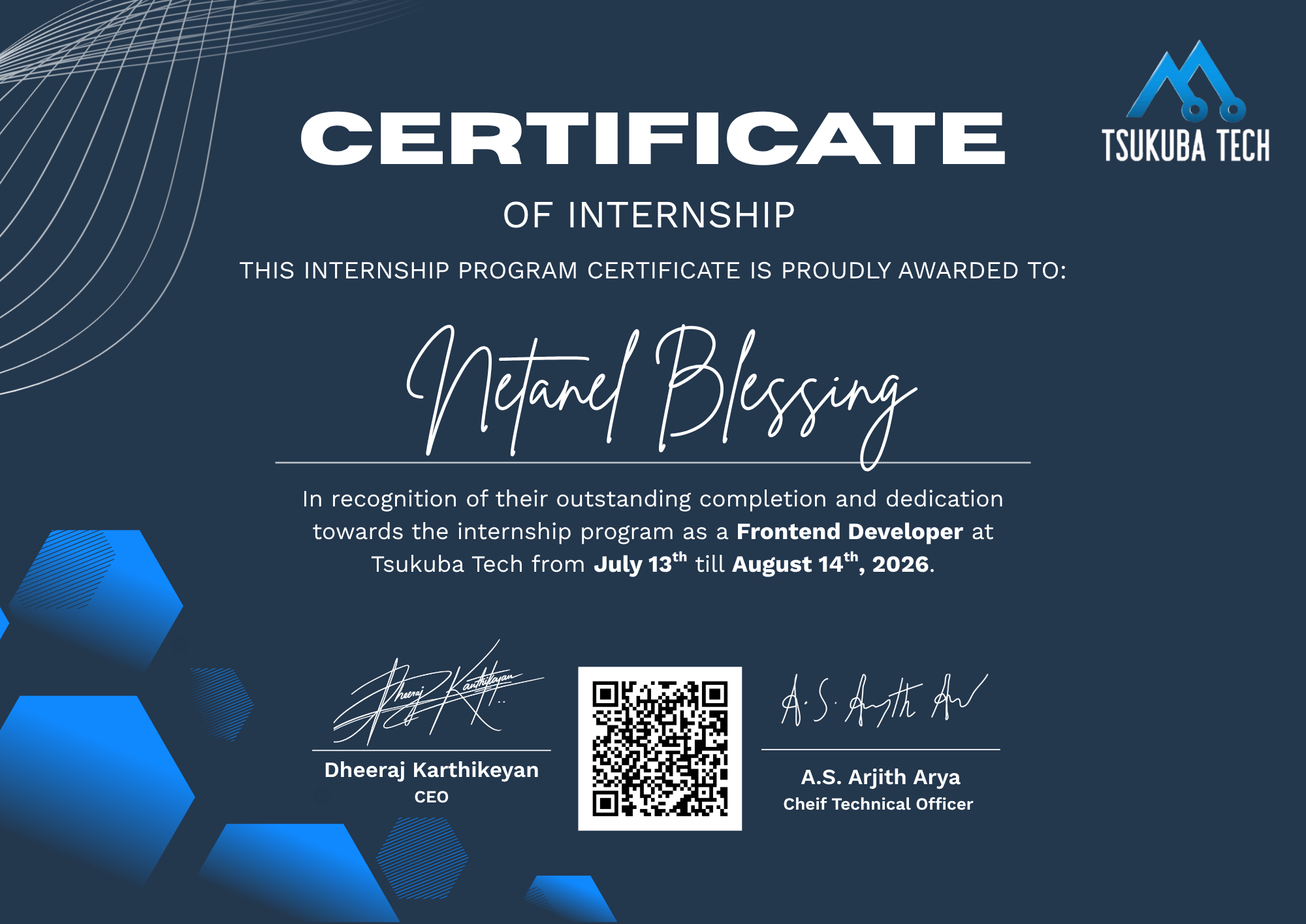 Certificate awarded to Netanel Blessing